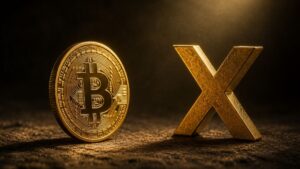 Moneda de bitcoin y una cruz dorada.