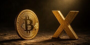 Moneda de bitcoin y una cruz dorada.
