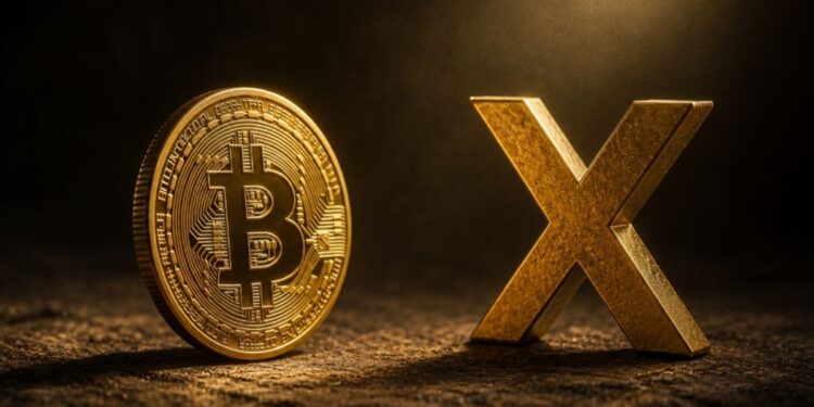 Moneda de bitcoin y una cruz dorada.