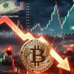 Moneda de bitcoin con gráfico con caída de precio mientras suben los rendimientos de los bonos del Tesoro de EE.UU.