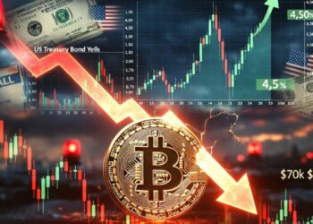 Moneda de bitcoin con gráfico con caída de precio mientras suben los rendimientos de los bonos del Tesoro de EE.UU.