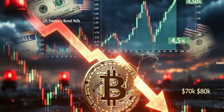 Moneda de bitcoin con grรกfico con caรญda de precio mientras suben los rendimientos de los bonos del Tesoro de EE.UU.