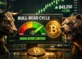 Indicador Bull-Bear Cycle de bitcoin en verde junto a toro y oso frente a gráficos alcistas de bitcoin.