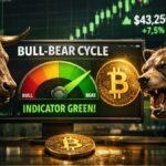 Indicador Bull-Bear Cycle de bitcoin en verde junto a toro y oso frente a gráficos alcistas de bitcoin.