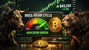 Indicador Bull-Bear Cycle de bitcoin en verde junto a toro y oso frente a gráficos alcistas de bitcoin.