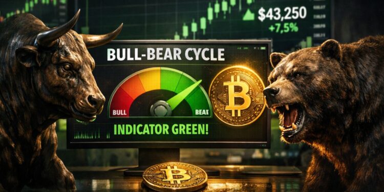 Indicador Bull-Bear Cycle de bitcoin en verde junto a toro y oso frente a gráficos alcistas de bitcoin.