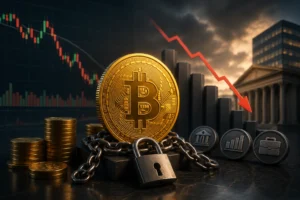 Moneda de bitcoin con un candado, monedas
