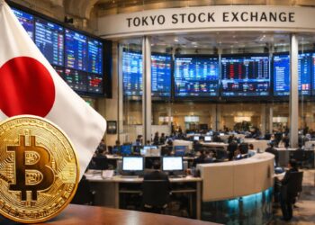 Interior de la Bolsa de Tokio con pantallas bursátiles, bandera de Japón y moneda de Bitcoin en primer plano.