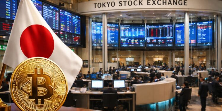 Interior de la Bolsa de Tokio con pantallas bursátiles, bandera de Japón y moneda de Bitcoin en primer plano.