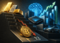 Ilustración financiera futurista donde un bitcoin dorado desciende en una clasificación