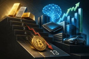 Ilustración financiera futurista donde un bitcoin dorado desciende en una clasificación