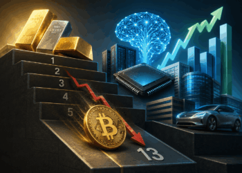 Ilustración financiera futurista donde un bitcoin dorado desciende en una clasificación