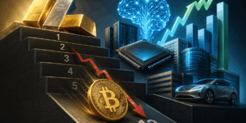 Ilustración financiera futurista donde un bitcoin dorado desciende en una clasificación