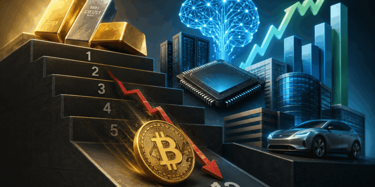 Ilustración financiera futurista donde un bitcoin dorado desciende en una clasificación