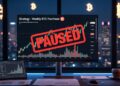 Monitor de trading muestra sello rojo 'PAUSED' con gráficas de precio en un entorno empresarial.