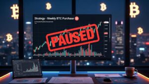 Monitor de trading muestra sello rojo 'PAUSED' con grรกficas de precio en un entorno empresarial.