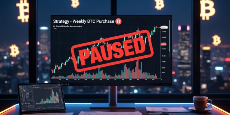 Monitor de trading muestra sello rojo 'PAUSED' con gráficas de precio en un entorno empresarial.