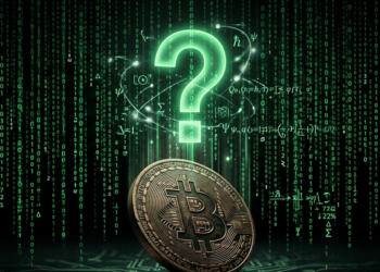 Una moneda de Bitcoin de color bronce situada en la parte inferior central, ligeramente inclinada sobre un suelo de circuitos electrónicos oscuros