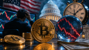 moneda de bitcoin y en el fondo un reloj, la fed y la cúpula del Congreso
