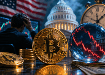 moneda de bitcoin y en el fondo un reloj, la fed y la cúpula del Congreso