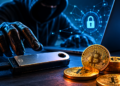 una wallet física, un hacker y una monedas de BTC.