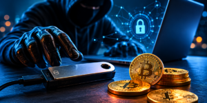 una wallet física, un hacker y una monedas de BTC.