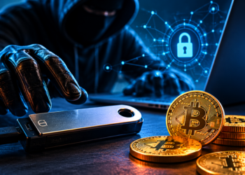 una wallet física, un hacker y una monedas de BTC.