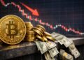 Bitcoin con caída del mercado y salida de capitales en gráfico financiero rojo.