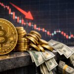 Bitcoin con caída del mercado y salida de capitales en gráfico financiero rojo.