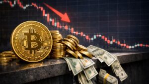 Bitcoin con caída del mercado y salida de capitales en gráfico financiero rojo.