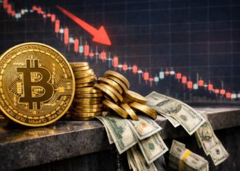 Bitcoin con caída del mercado y salida de capitales en gráfico financiero rojo.