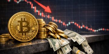 Bitcoin con caída del mercado y salida de capitales en gráfico financiero rojo.
