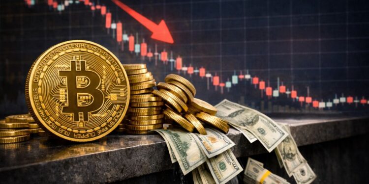 Bitcoin con caída del mercado y salida de capitales en gráfico financiero rojo.