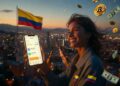 Una persona sonríe al mostrar su wallet de criptomonedas que contienen stablecoins, al fondo se muestra un panorama de una ciudad colombiana.