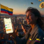 Una persona sonríe al mostrar su wallet de criptomonedas que contienen stablecoins, al fondo se muestra un panorama de una ciudad colombiana.