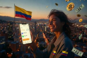 Una persona sonríe al mostrar su wallet de criptomonedas que contienen stablecoins, al fondo se muestra un panorama de una ciudad colombiana.