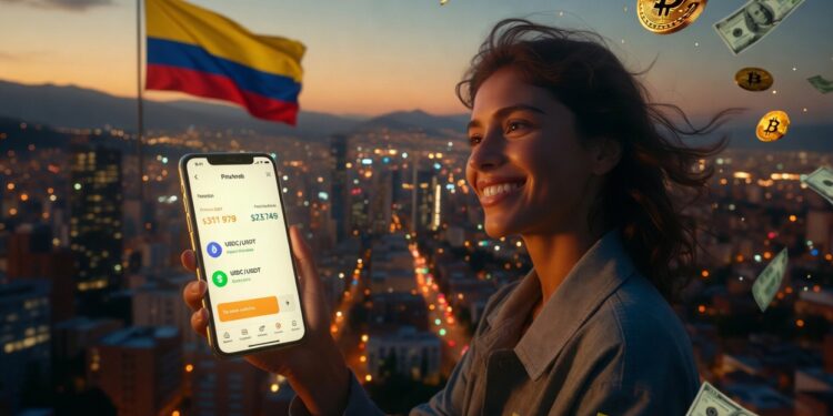 Una persona sonríe al mostrar su wallet de criptomonedas que contienen stablecoins, al fondo se muestra un panorama de una ciudad colombiana.