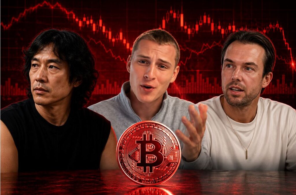 Los analistas de mercados Willy Woo, Crypto Rover y Michael van de Poppe junto a una moneda física roja de bitcoin y gráficos rojos.