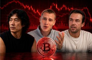 Los analistas de mercados Willy Woo, Crypto Rover y Michael van de Poppe junto a una moneda física roja de bitcoin y gráficos rojos.