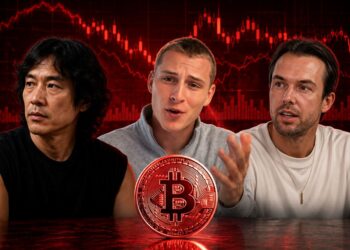 Los analistas de mercados Willy Woo, Crypto Rover y Michael van de Poppe junto a una moneda física roja de bitcoin y gráficos rojos.