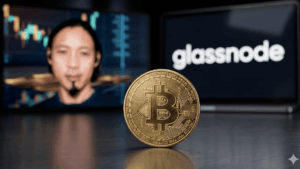 En primer plano: moneda física de bitcoin. En el fondo: imágenes de Willy Woo y del logo de Glassnode.