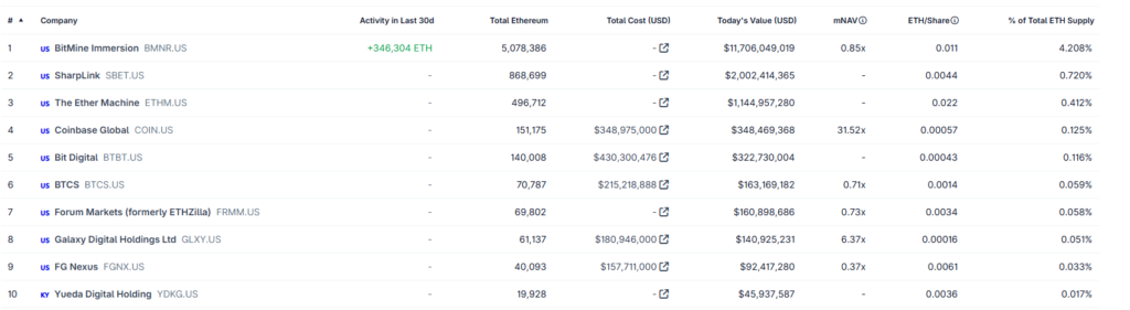 Chart of the companies with the most ethereum in the ecosystem
