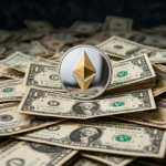 logo de ethereum sobre billetes de dólares