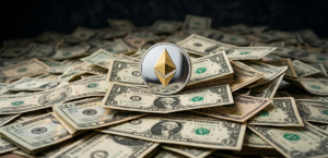 logo de ethereum sobre billetes de dólares