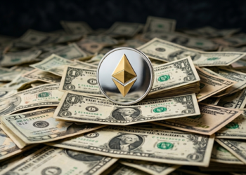 logo de ethereum sobre billetes de dólares