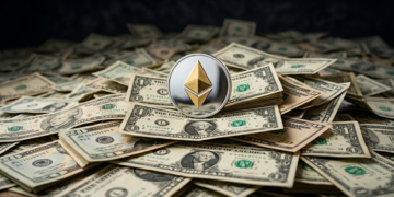 logo de ethereum sobre billetes de dólares