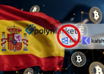 Una bandera de España ondea y aparece un signo de bloqueo sobre los logos de Polymarket y Kalshi.