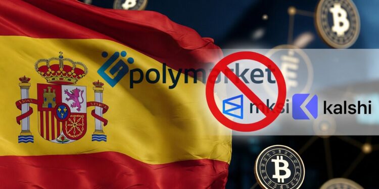 Una bandera de España ondea y aparece un signo de bloqueo sobre los logos de Polymarket y Kalshi.