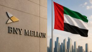 El edificio de BNY Mellon junto a la bandera de Emiratos Árabes Unidos.