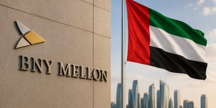 El edificio de BNY Mellon junto a la bandera de Emiratos Árabes Unidos.